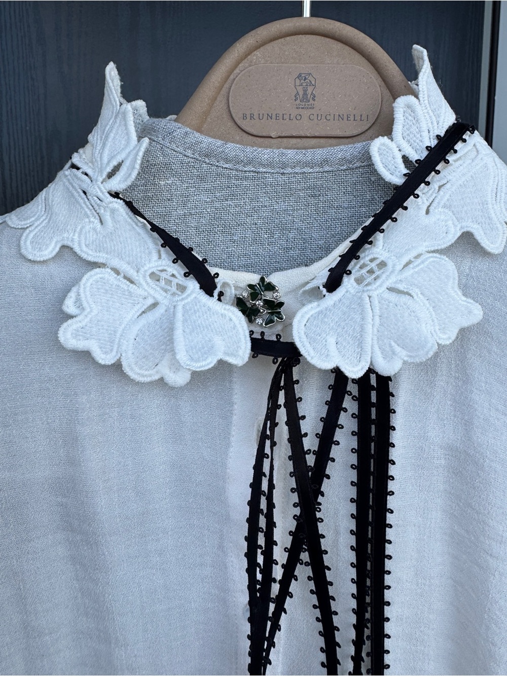 Maje White Lace-Collar Button Down Blouse with Black Tie - Picture 3 of 7